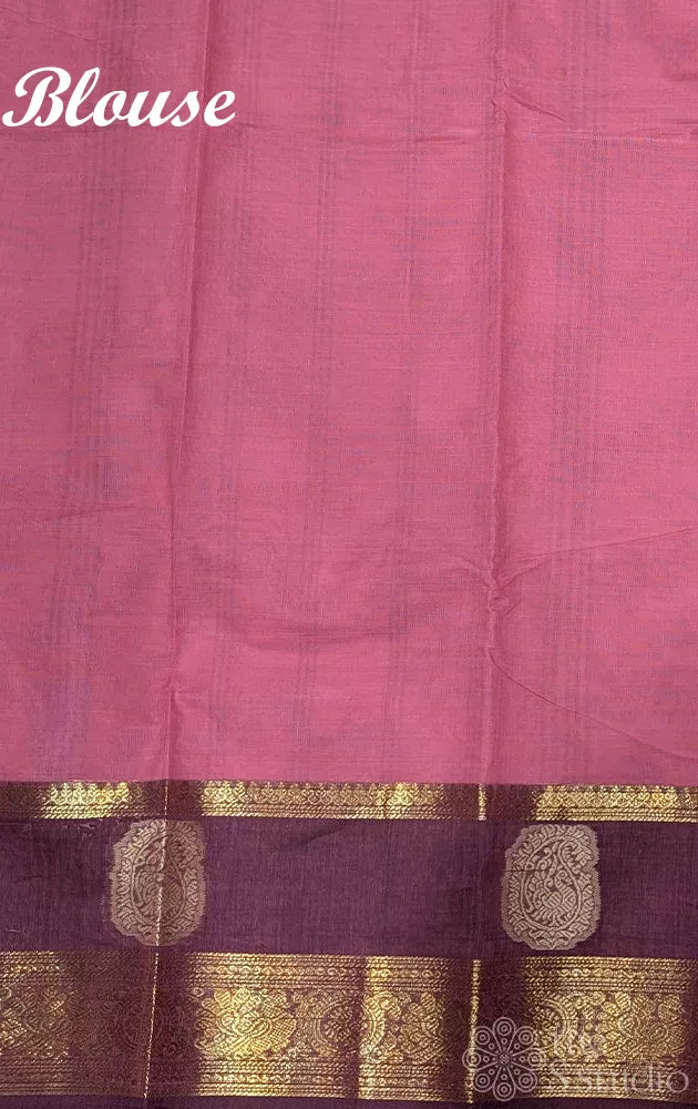 Mauve pink kanchi cotton saree with brown zari border