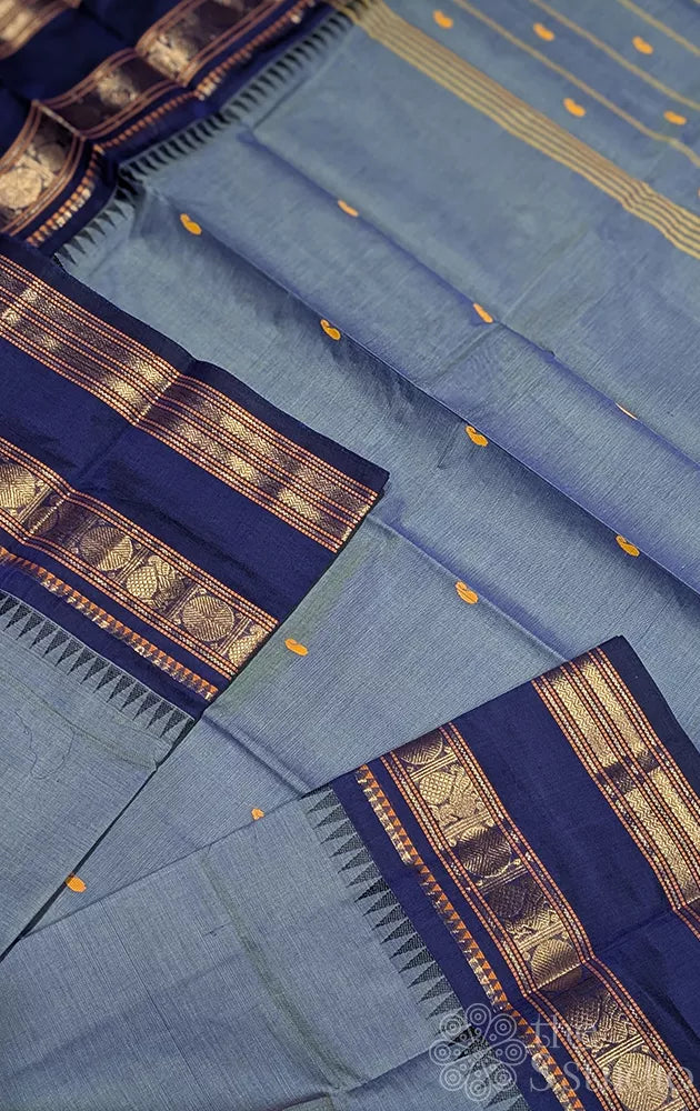 Bluish grey kanchi cotton saree with rettaipet border