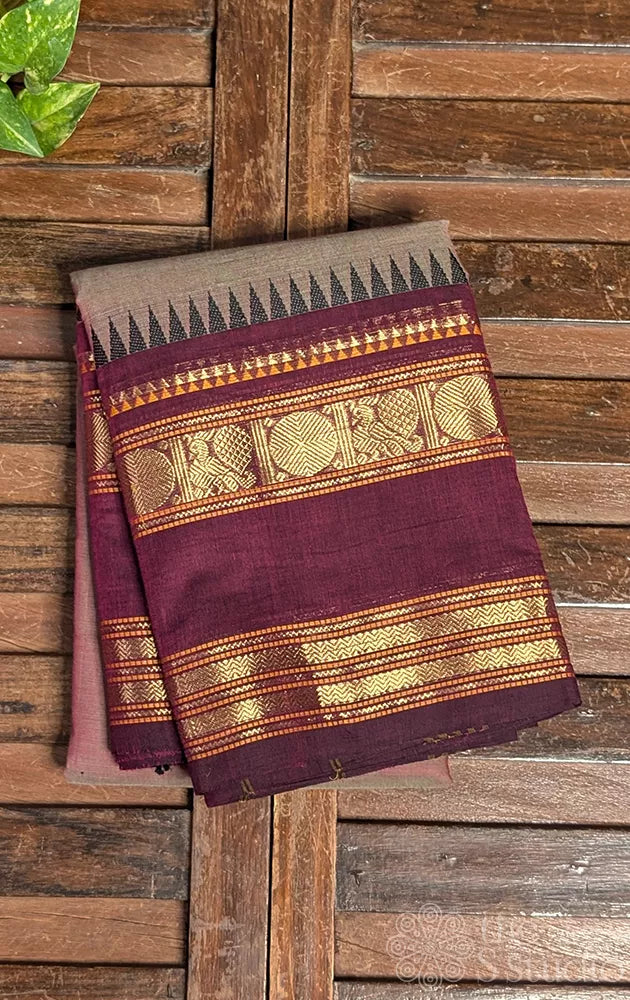 Cocoa brown kanchi cotton saree with brown rettaipet border