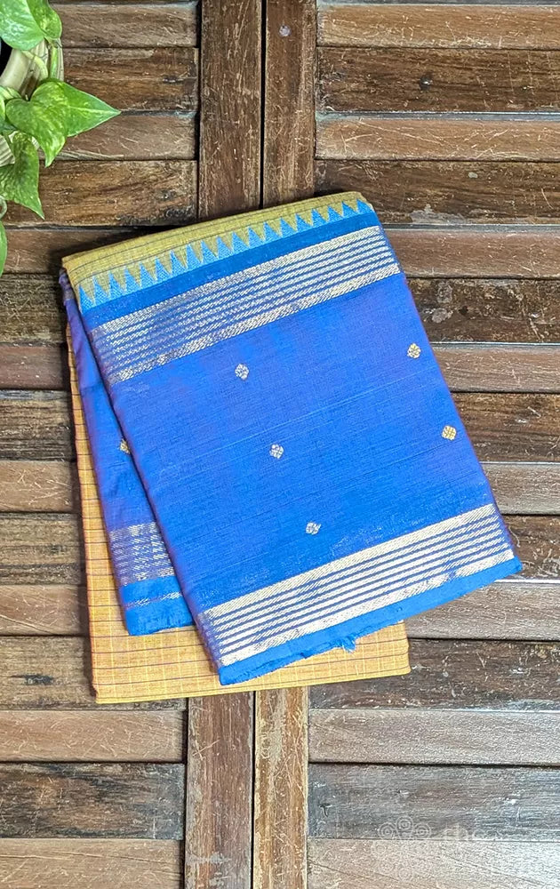 Mustard checked kanchi cotton saree with blue rettaipet border
