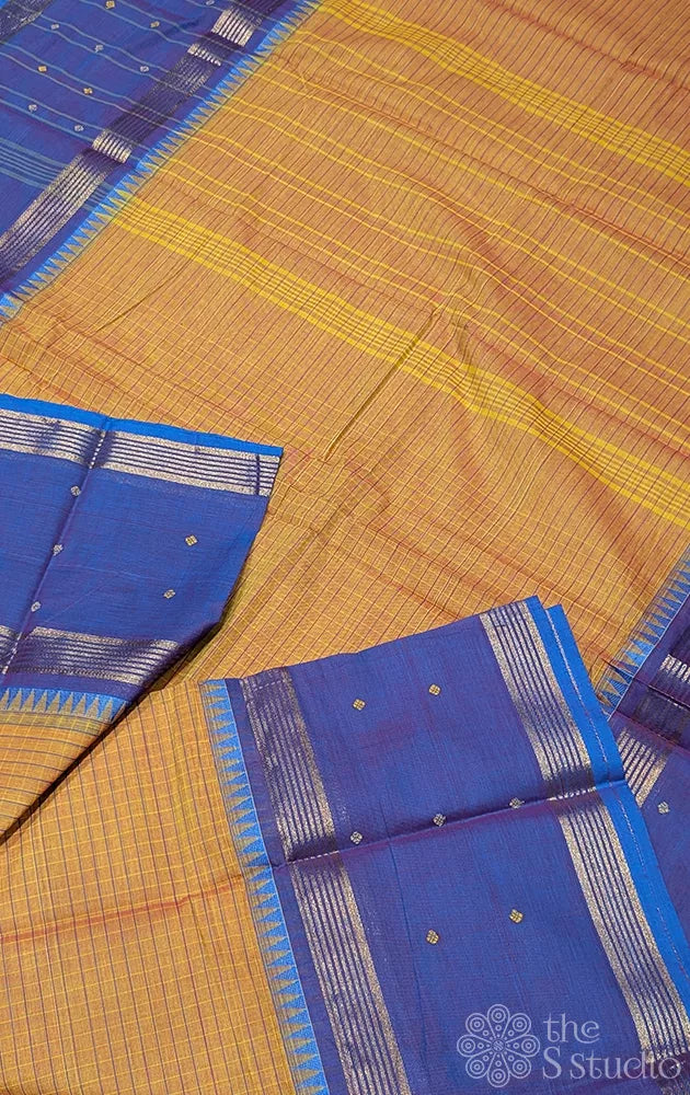 Mustard checked kanchi cotton saree with blue rettaipet border