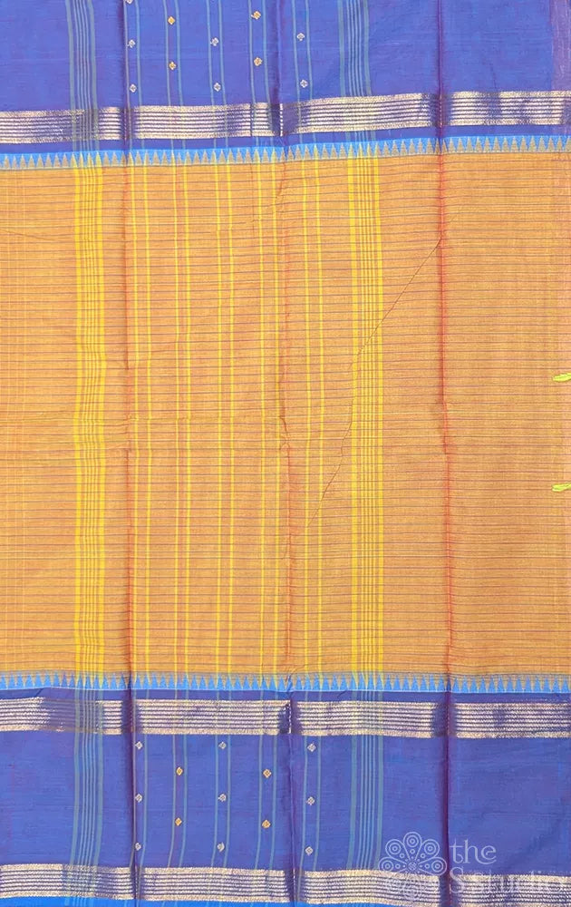 Mustard checked kanchi cotton saree with blue rettaipet border