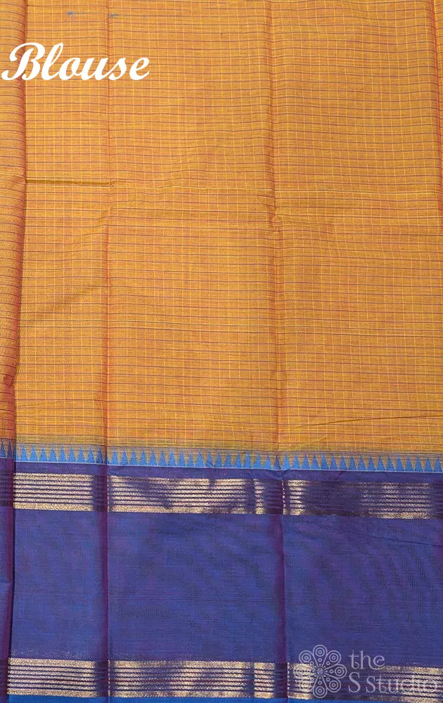 Mustard checked kanchi cotton saree with blue rettaipet border