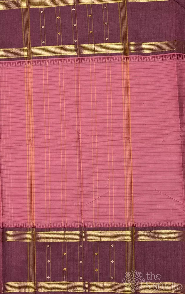 Mauve pink checked kanchi cotton saree with brown border