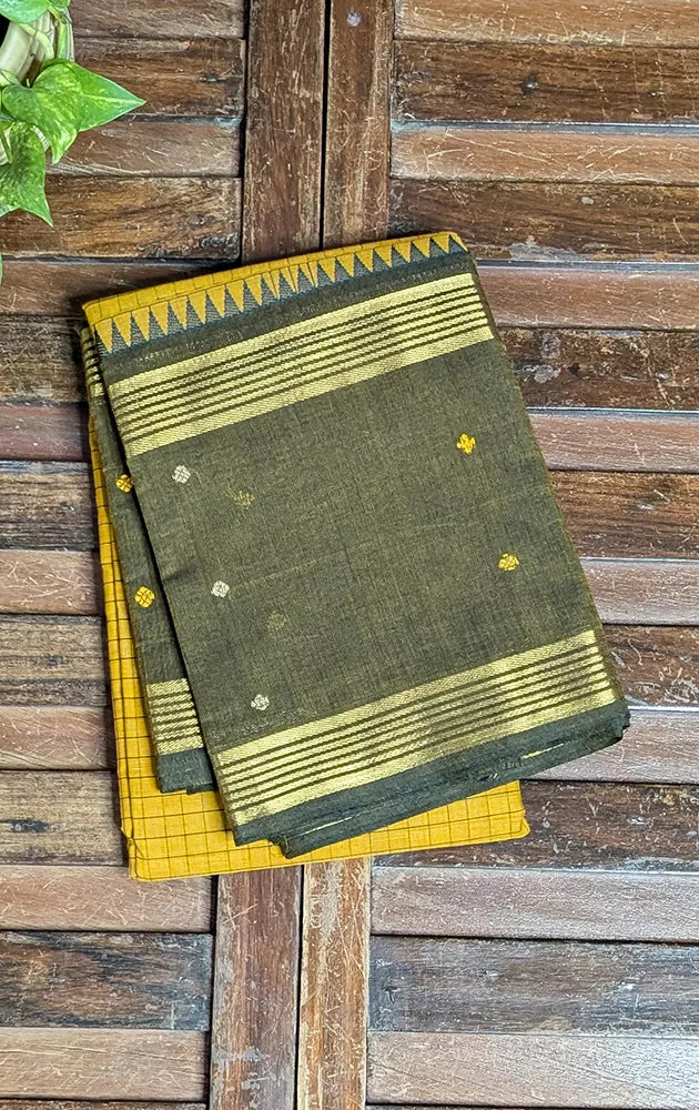 Sampanga green checked kanchi cotton saree with methi green border