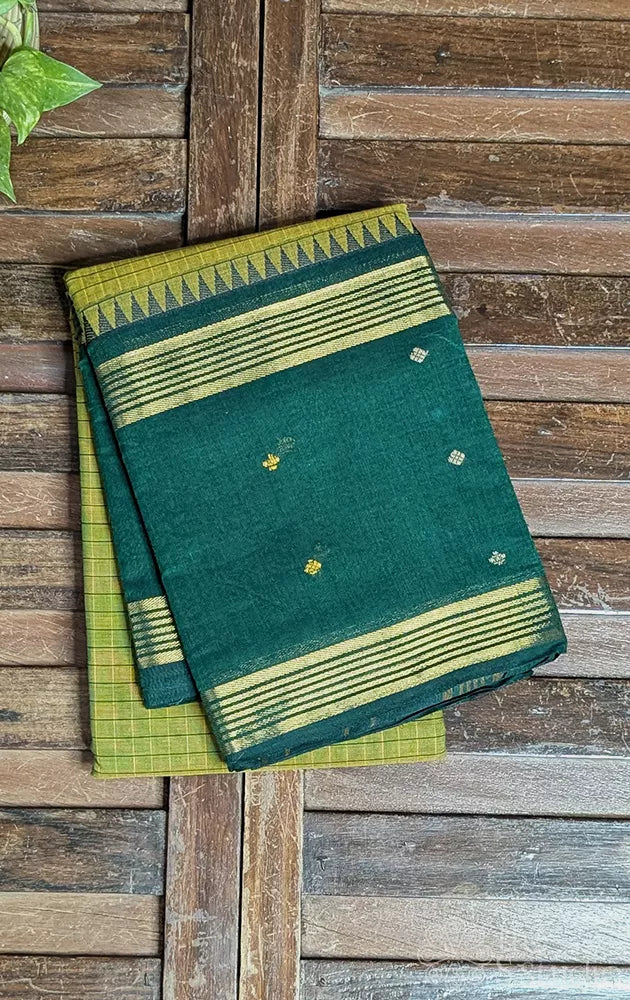 Light green kanchi cotton saree with dark green rettaipet border