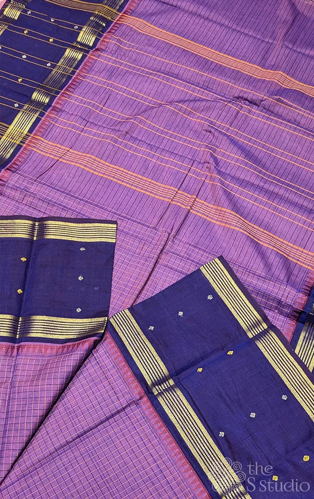 Purple checked kanchi cotton saree with violet border