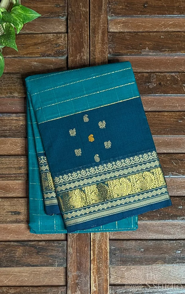Teal green checked kanchi cotton saree with zari border