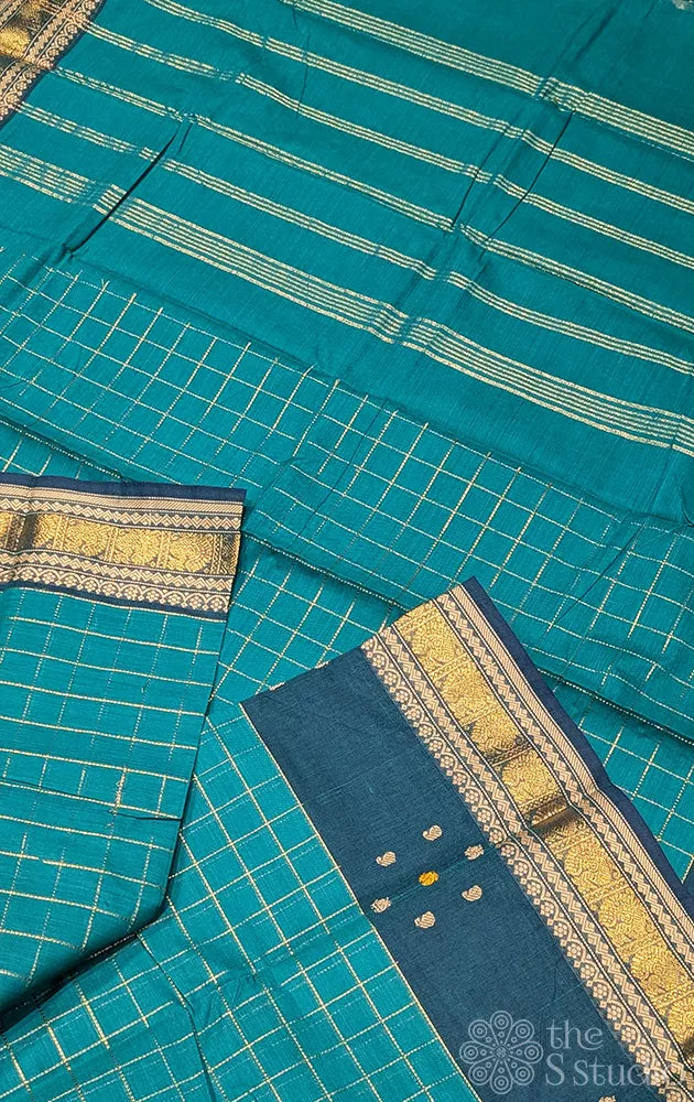 Teal green checked kanchi cotton saree with zari border