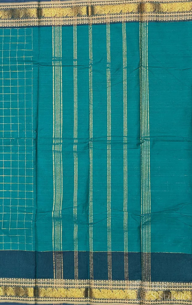 Teal green checked kanchi cotton saree with zari border