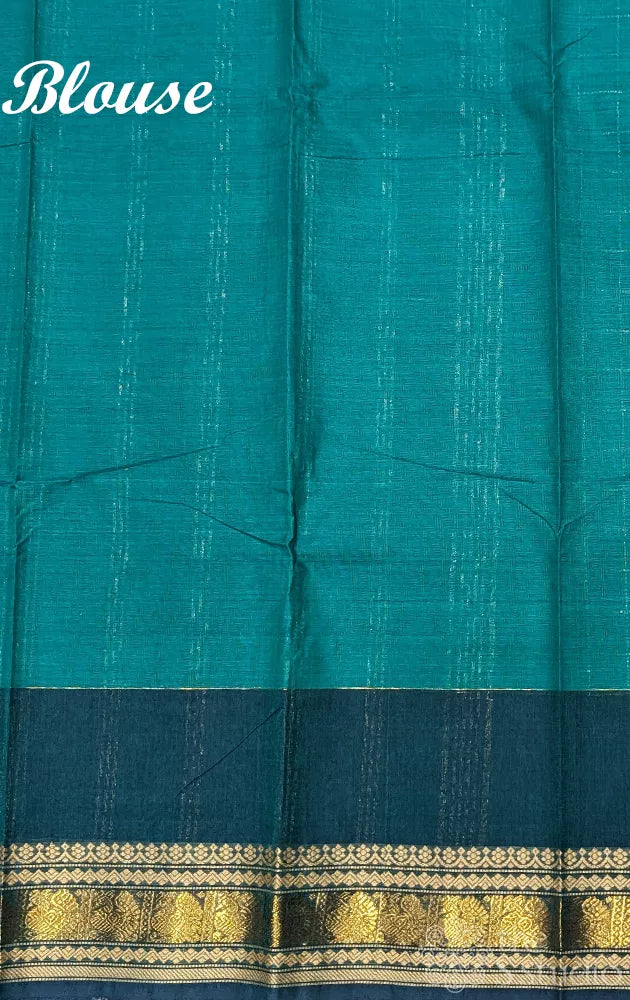 Teal green checked kanchi cotton saree with zari border