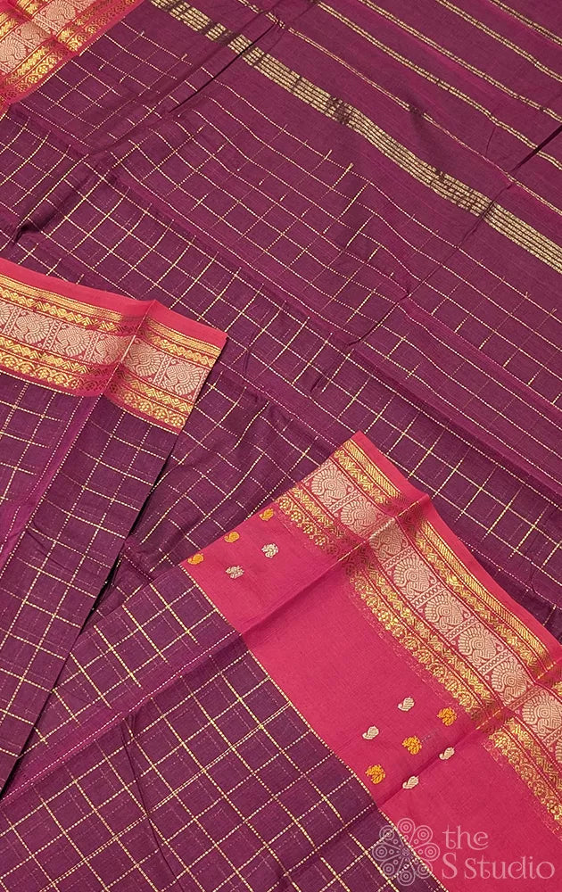 Maroon checked kanchi cotton saree with red border
