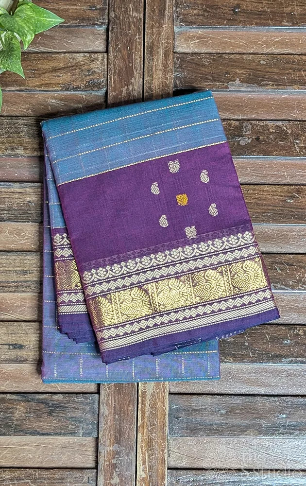 Grey kanchi cotton saree with zari checks