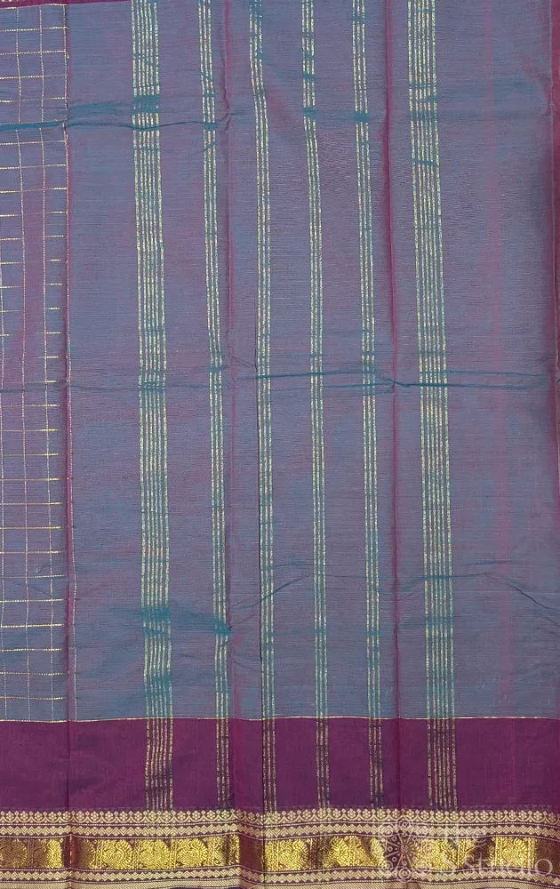 Grey kanchi cotton saree with zari checks