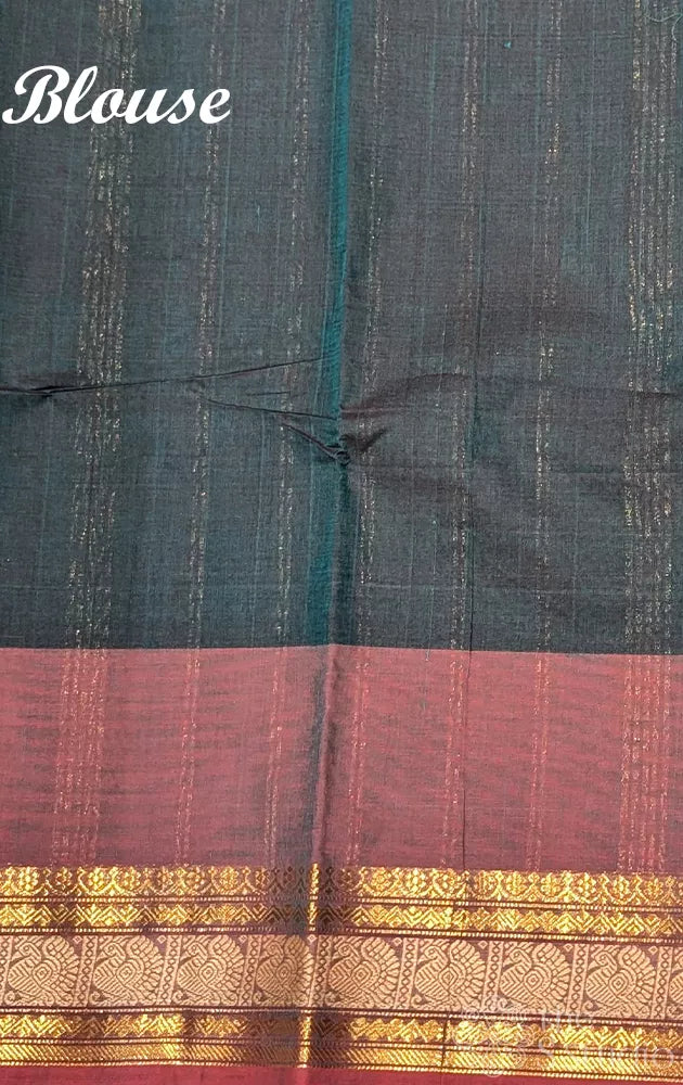 Dark green kanchi cotton saree with zari checks