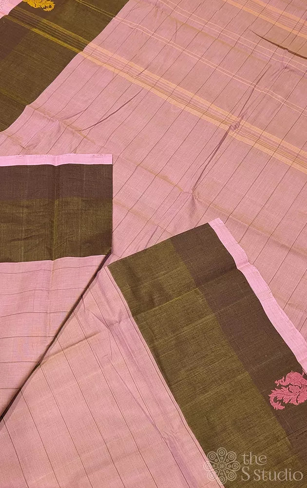 Peach kanchi cotton saree with green checks
