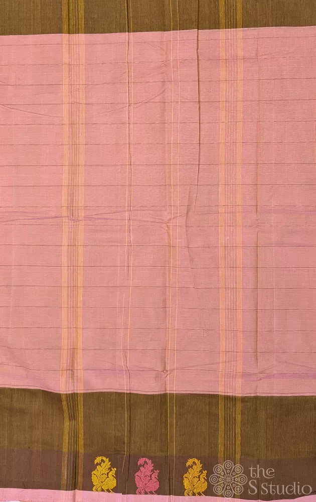 Peach kanchi cotton saree with green checks