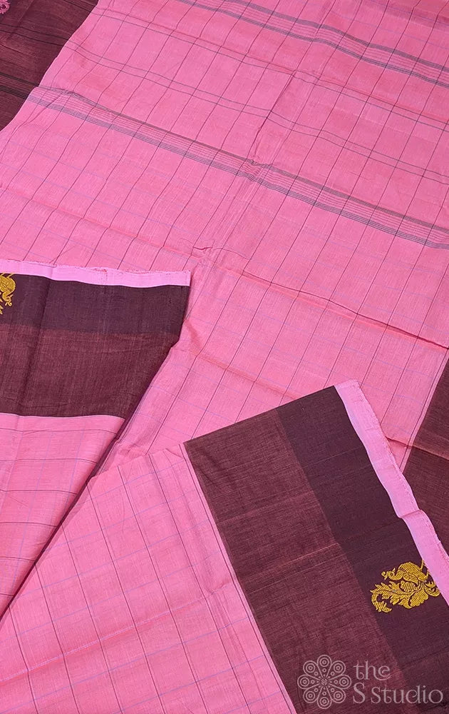 Bubblegum pink checked kanchi cotton saree with maroon border