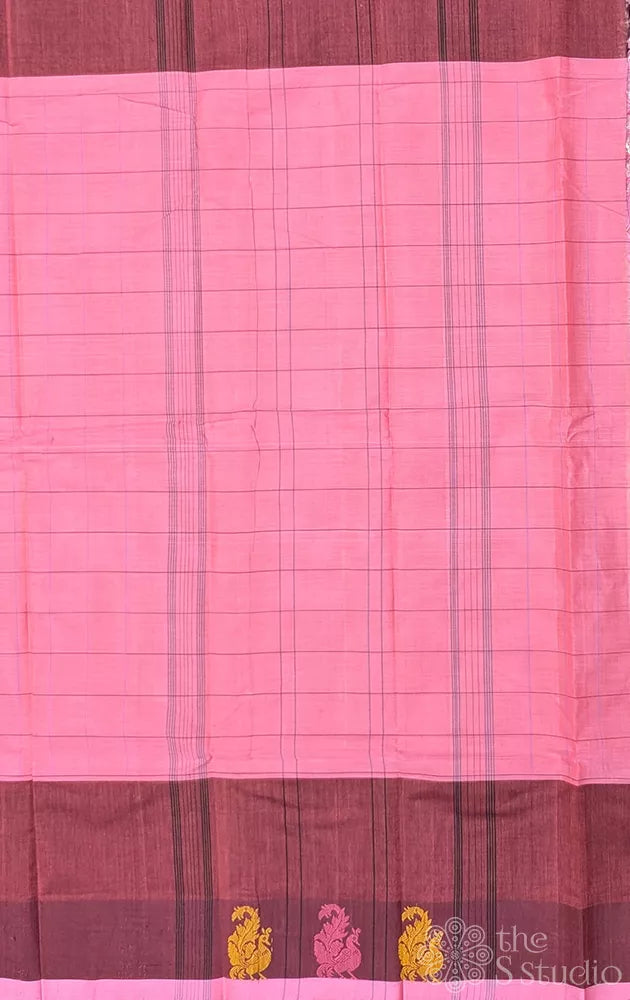 Bubblegum pink checked kanchi cotton saree with maroon border