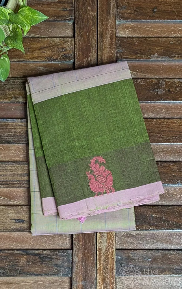 Light green kanchi cotton saree with checks