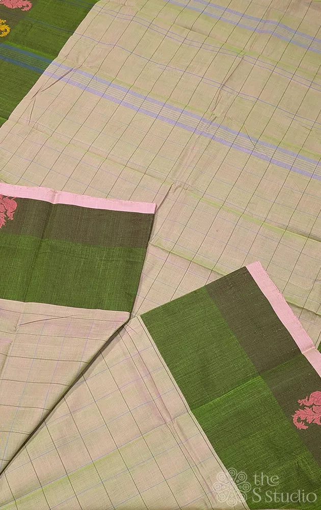 Light green kanchi cotton saree with checks
