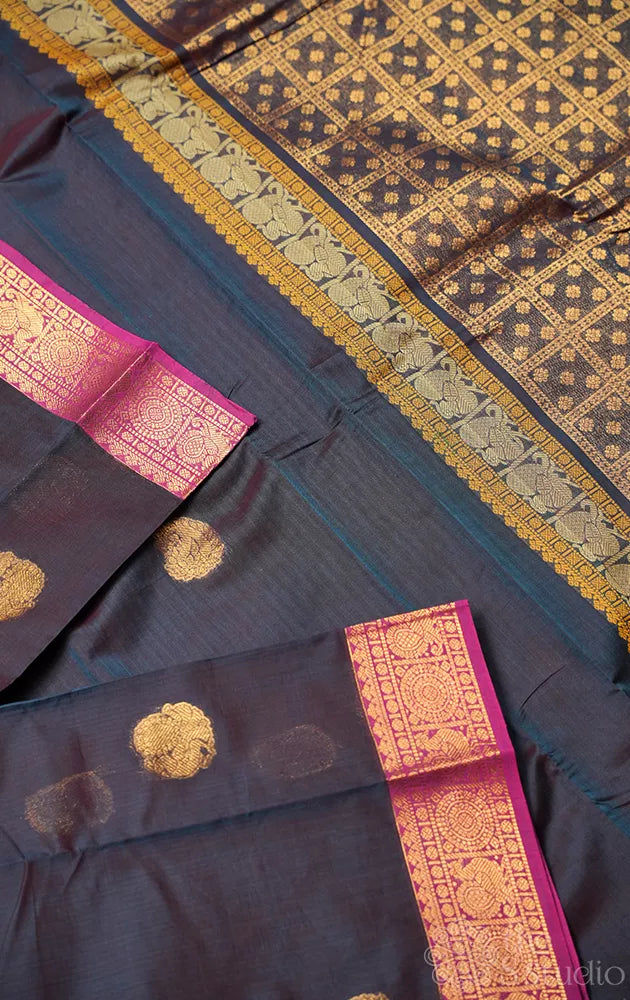 Dark navy blue handloom kanchi cotton saree with rani pink border