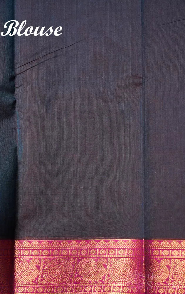 Dark navy blue handloom kanchi cotton saree with rani pink border