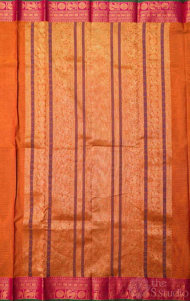 Mustard handloom kanchi cotton saree with deer butta