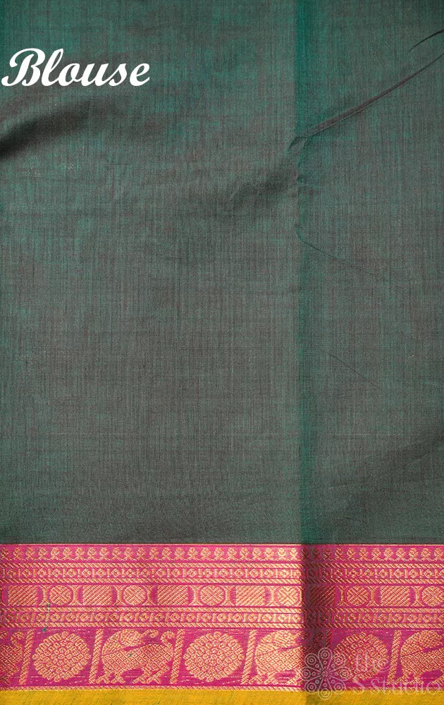Teal green handloom kanchi cotton saree with deer butta and magenta border.