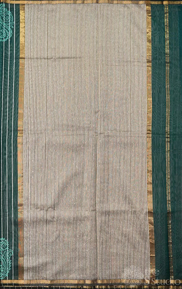 Bottle green maheshwari silk cotton saree with block printing on border