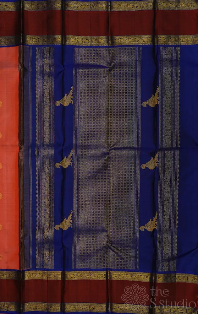 Orangish peach kanjivaram silk saree with korvai rettaipet border