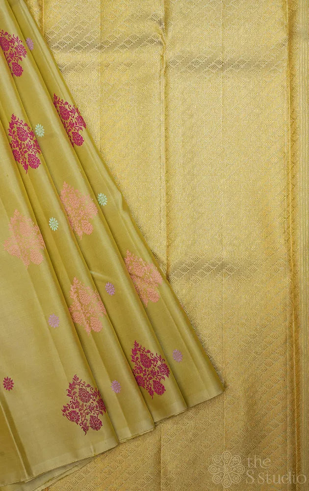 Light elachi green kanchi silk saree with thread woven motifs