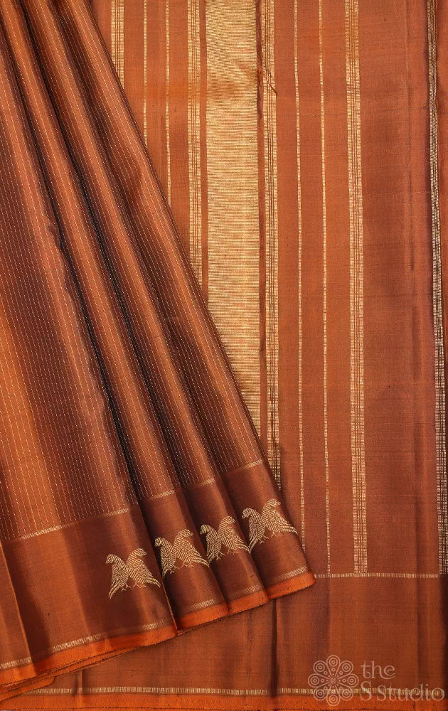 Honey rust kanjivaram silk saree with vertical zari lines
