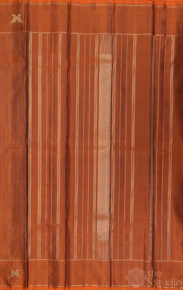 Honey rust kanjivaram silk saree with vertical zari lines