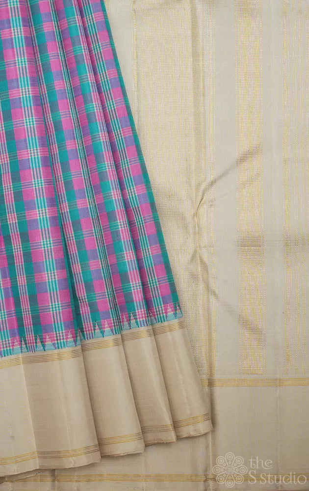 Blue and pink checked kanchi silk saree with off white border