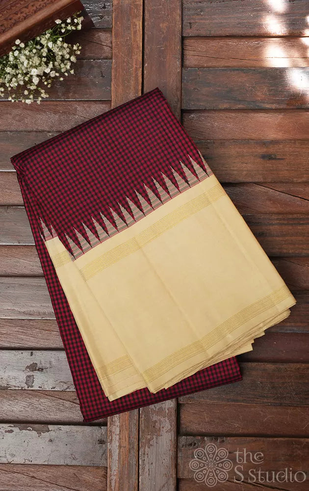 Maroon and black small kattam kanchipuram silk saree with cream korvai border