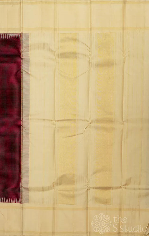 Maroon and black small kattam kanchipuram silk saree with cream korvai border