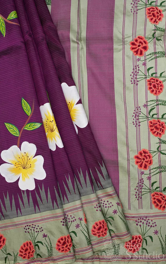 Purple hand painted kanchipuram silk saree with elachi green hand embroidery border