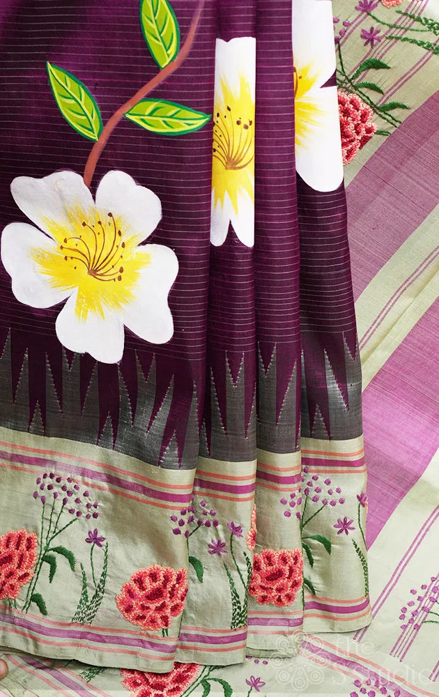 Purple hand painted kanchipuram silk saree with elachi green hand embroidery border