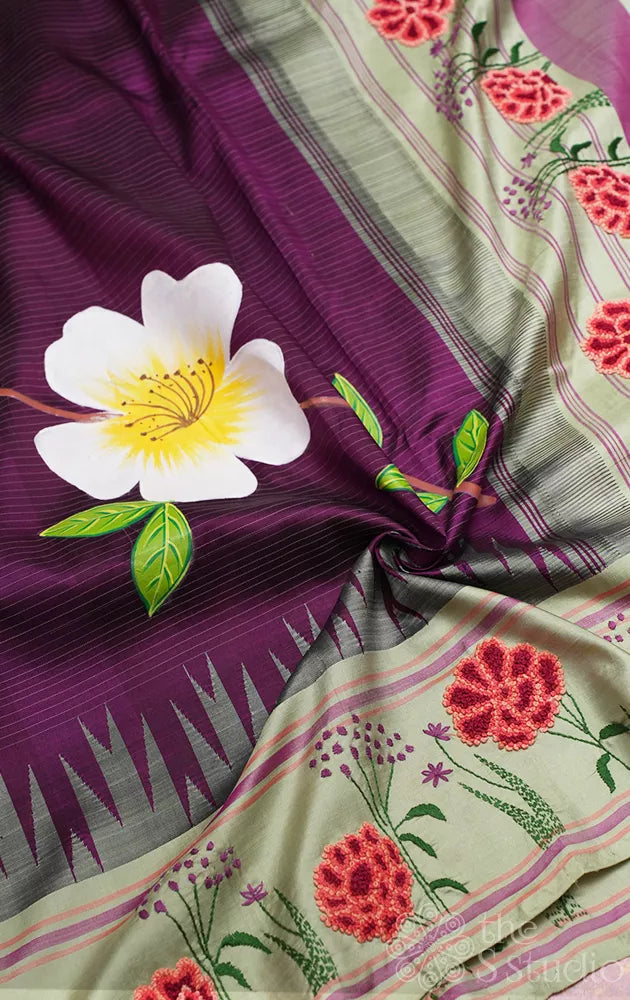 Purple hand painted kanchipuram silk saree with elachi green hand embroidery border