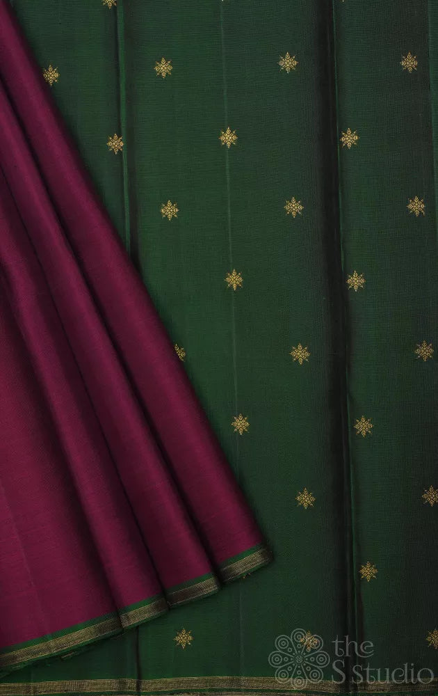 Plain burgundy colour kanchi silk saree with zari butta pallu
