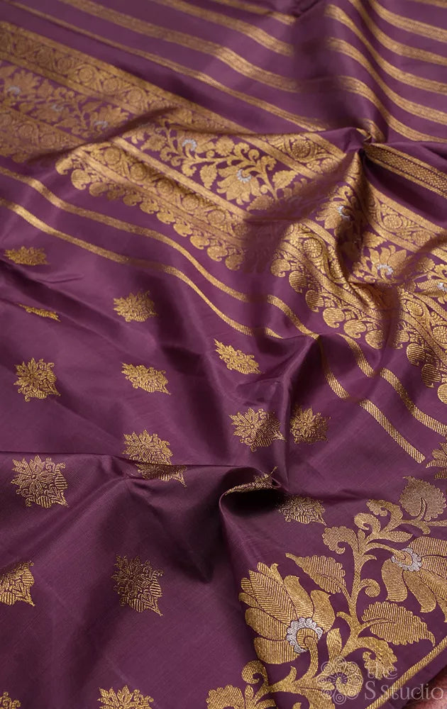 Light violet Kanjivaram silk saree with floral weave border