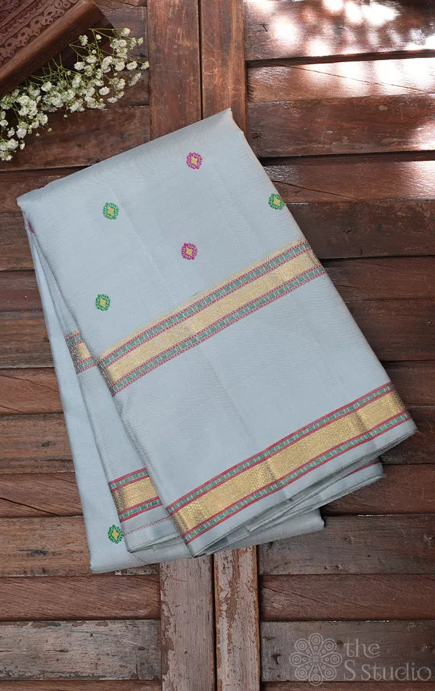 Light powder blue kanchi silk saree with rettaipet border