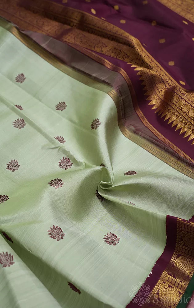Pista green small border kanchi silk saree with korvai brown border