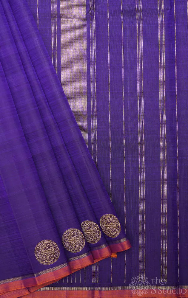 Royal blue kanchi silk saree with yali motifs along the border
