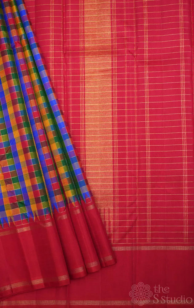Paalum pazhamum checked kanjivaram saree with korvai red border