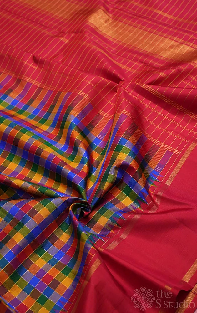 Paalum pazhamum checked kanjivaram saree with korvai red border