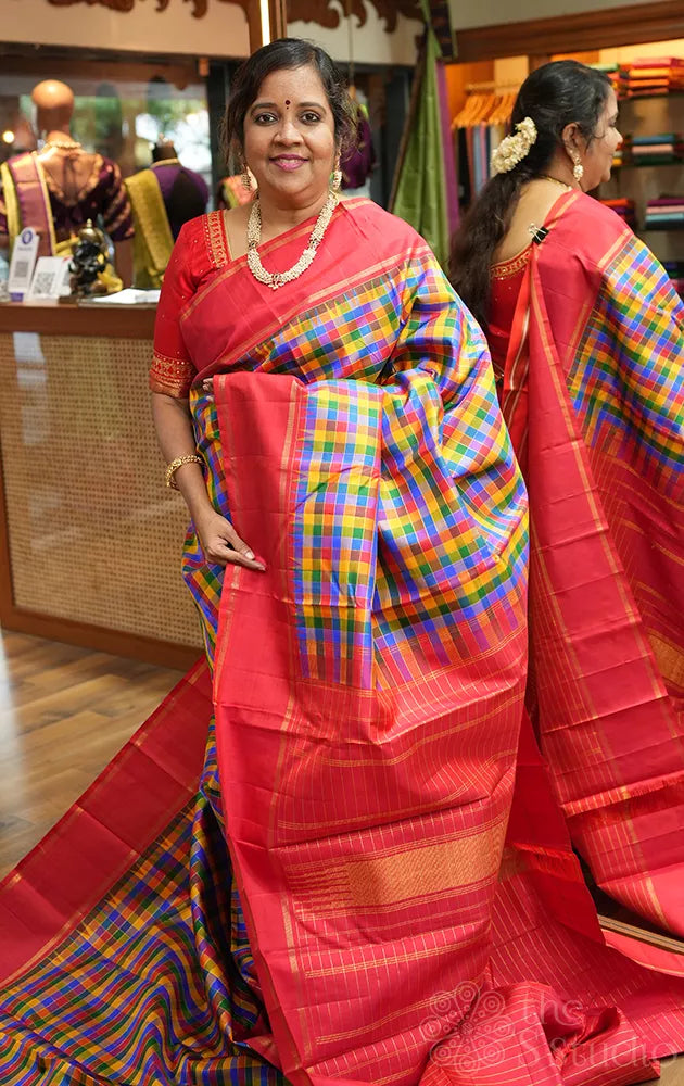 Paalum pazhamum checked kanjivaram saree with korvai red border