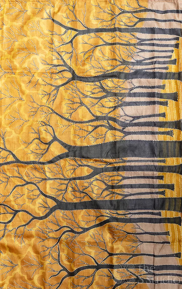 Brown and mustard hand embroidered tussar silk saree with hand batik prints