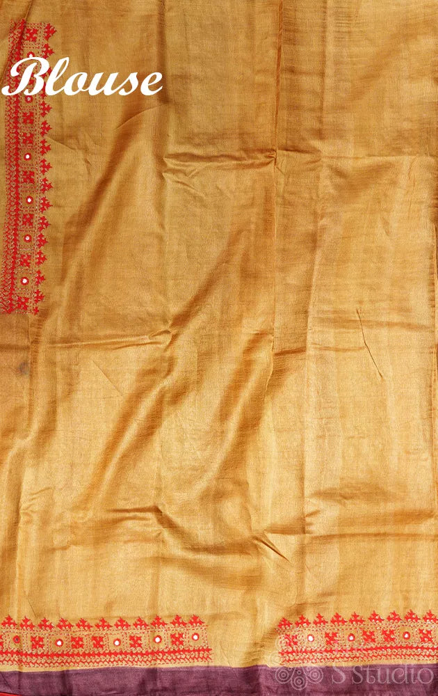 Mustard and Brown tussar silk saree with block prints & hand kutch embroidery
